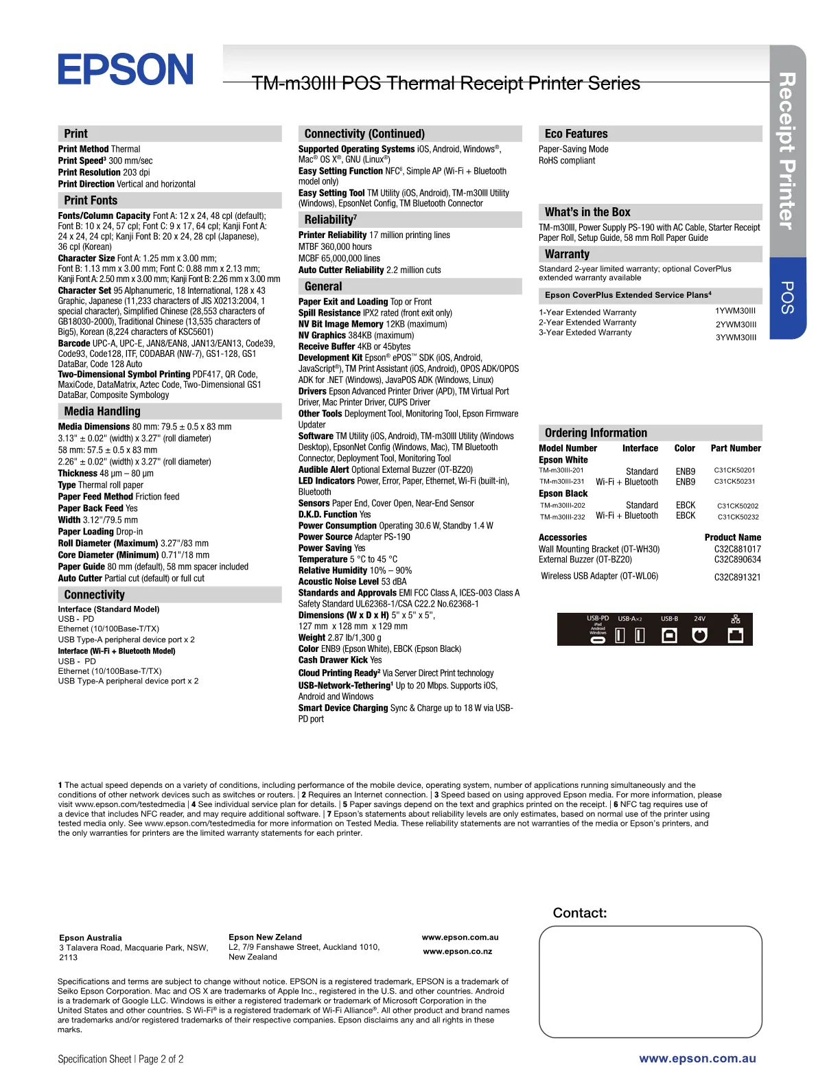*NEW!* Epson TM-M30III-231 BlueTooth/USB Square Receipt Printer WHITE [C31CK50231]