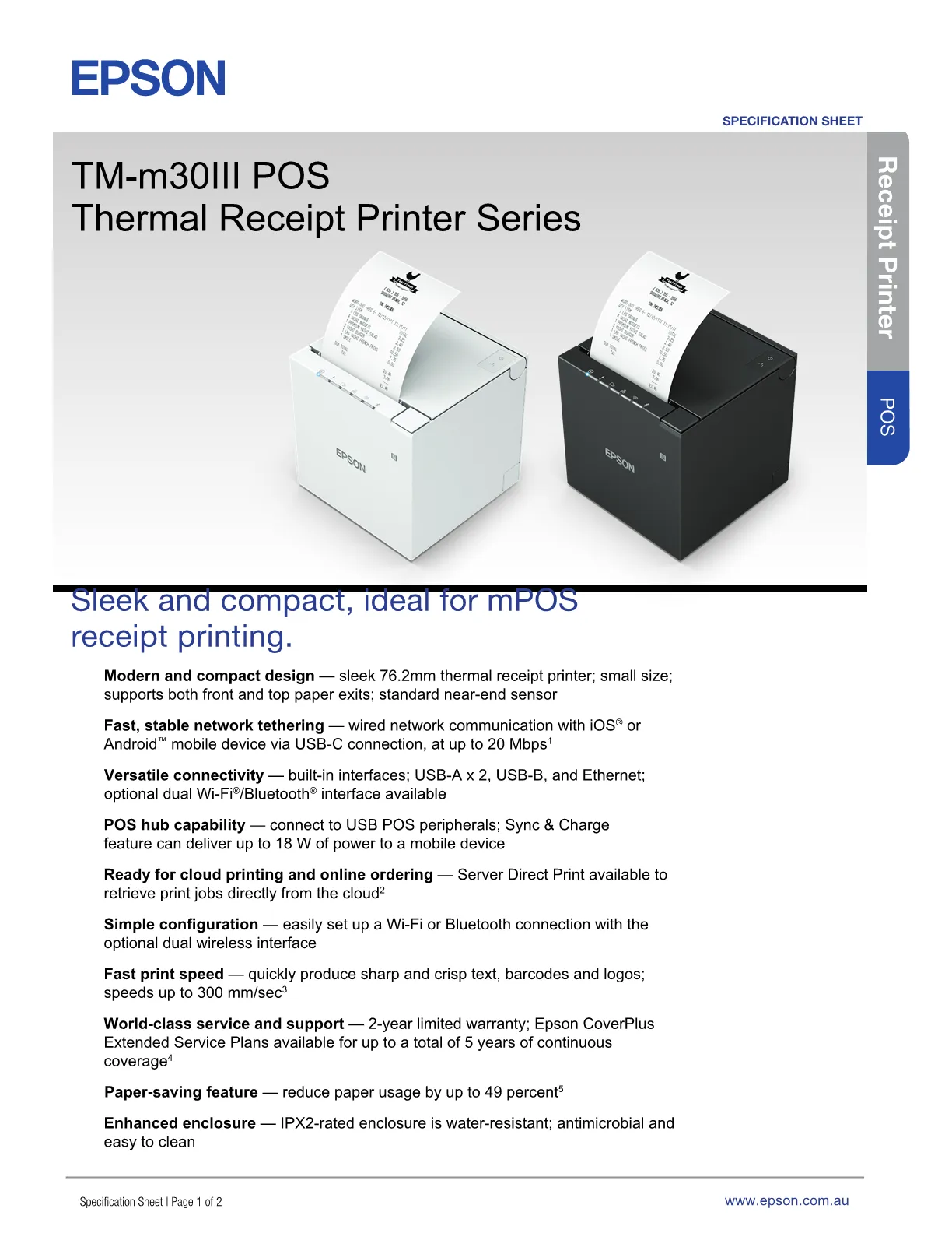 *NEW!* Epson TM-M30III-231 BlueTooth/USB Square Receipt Printer WHITE [C31CK50231]