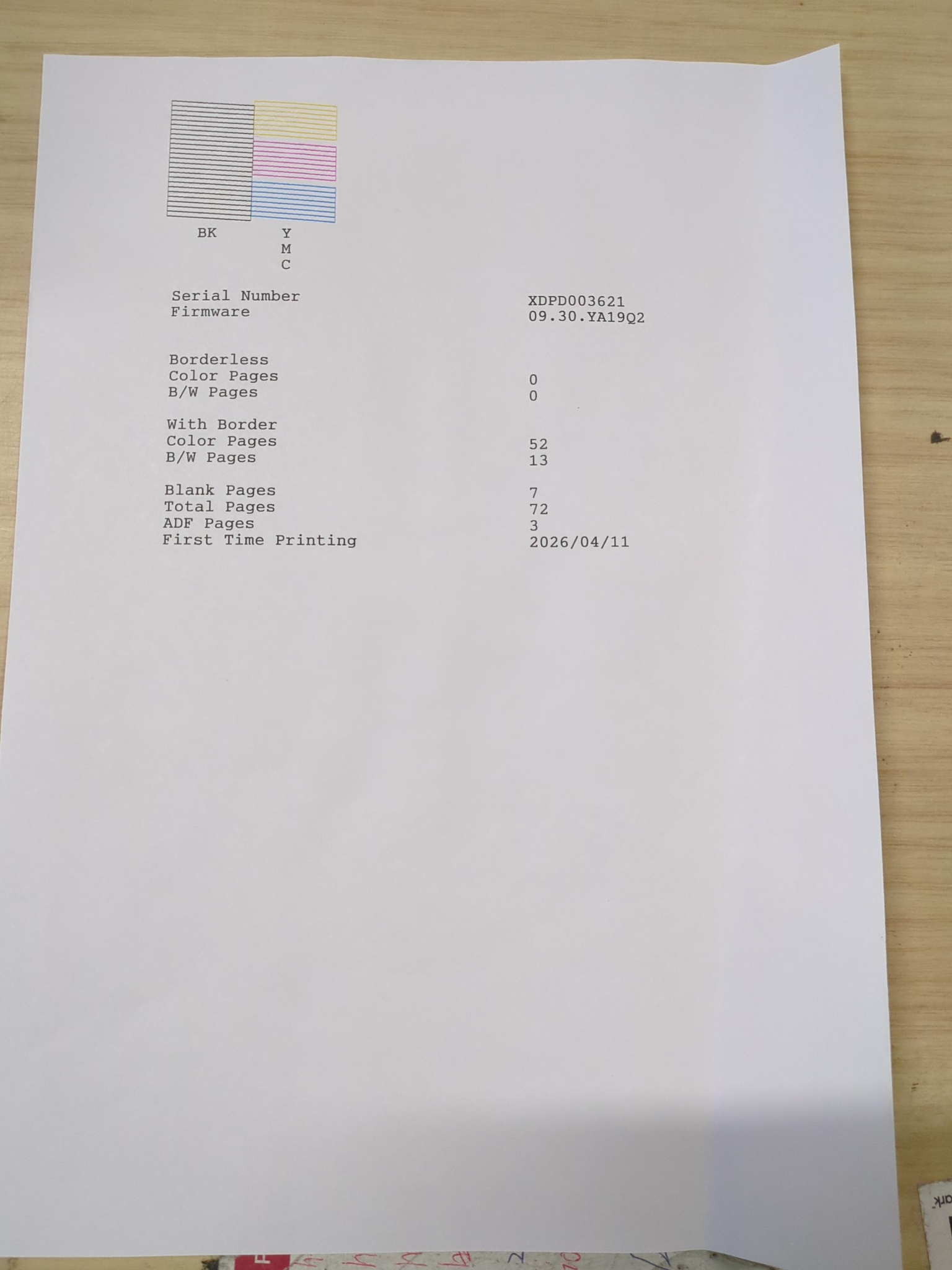 Ex Demo Epson EcoTank ET-4950 test page showing 72 total pages serial XDPD003621
