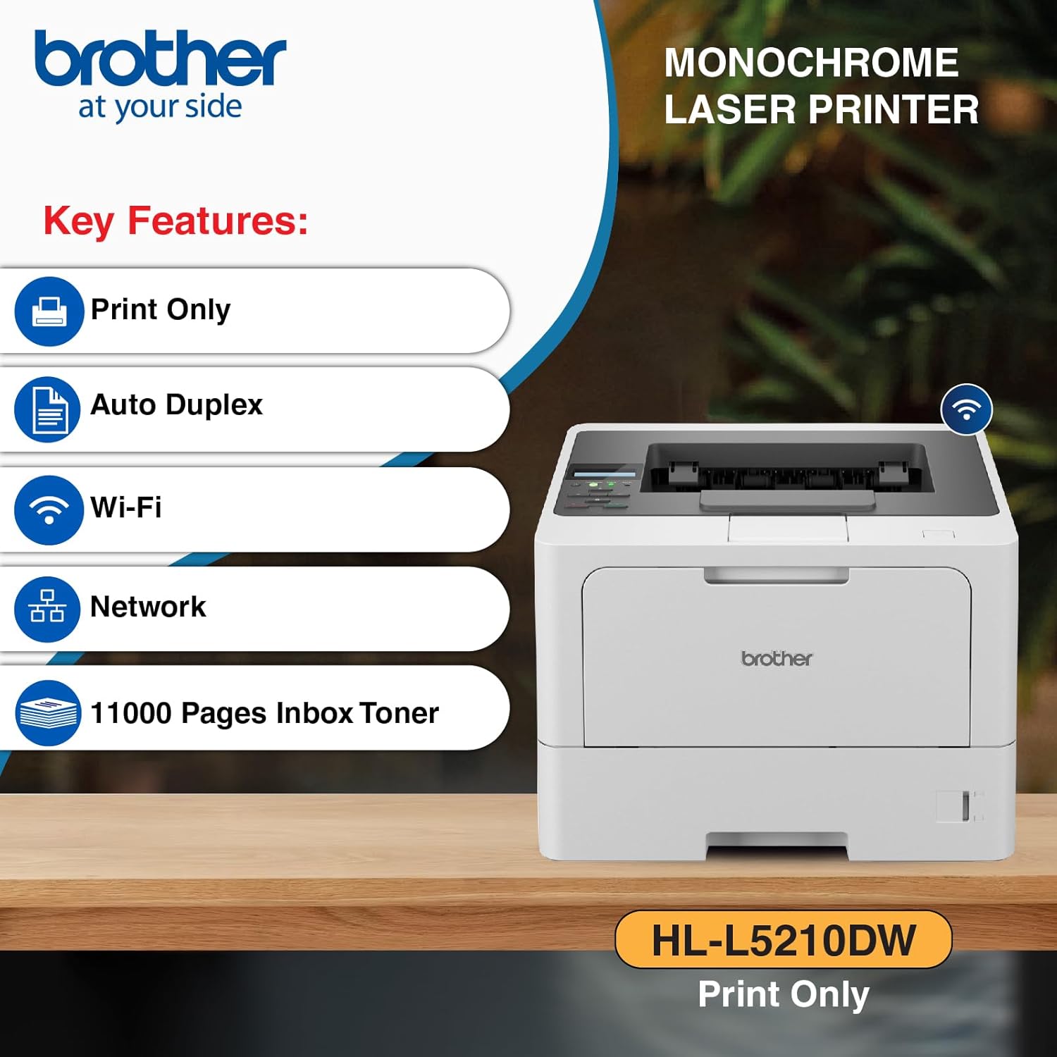 Bundle: Brother HL-L5210DWT A4 Mono Laser Wireless Printer + Extra LT-5505 Paper Tray 48PPM