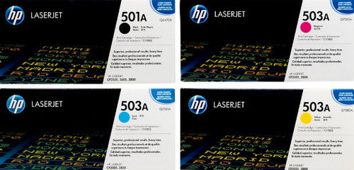 Bundle: HP 501A 503A Toner Cartridge Set - 4x Pack Genuine HP Q6470A Q7581A Q7582A Q7583A  Toners