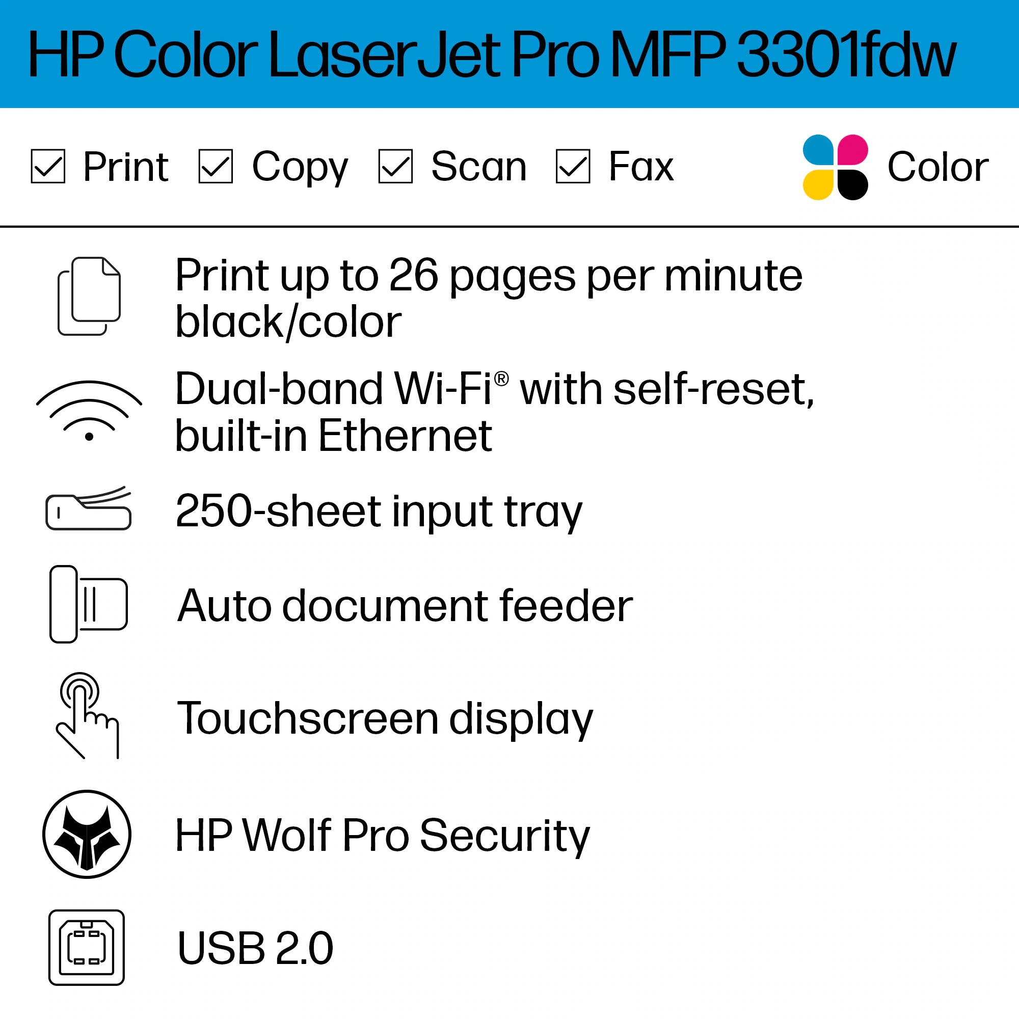 HP Color LaserJet Pro MFP 3301fdw 4-in-1 Multifunction Printer+FAX 25PPM [499Q5F]
