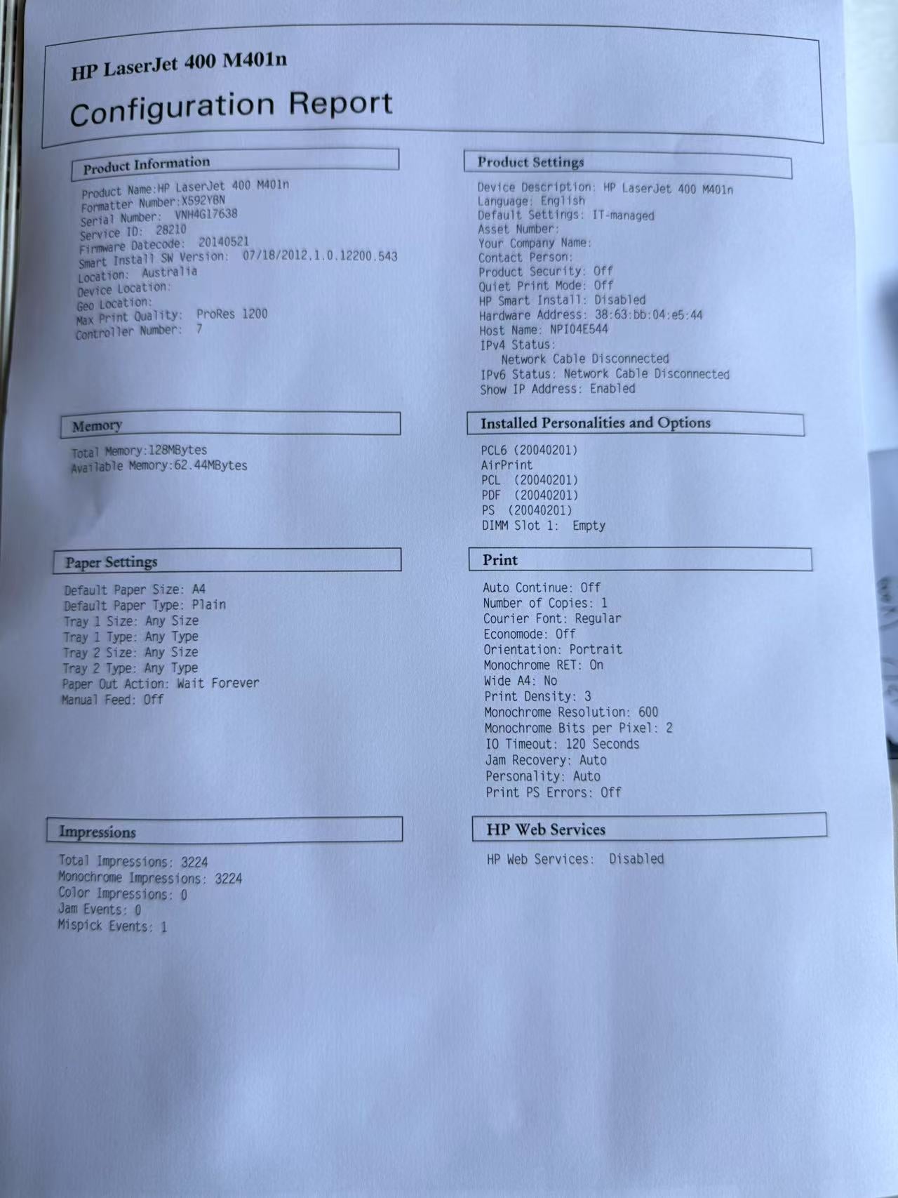 *Ex-Demo* HP LaserJet Pro M401n A4 Mono Laser Printer+3-Month Wty CZ195A