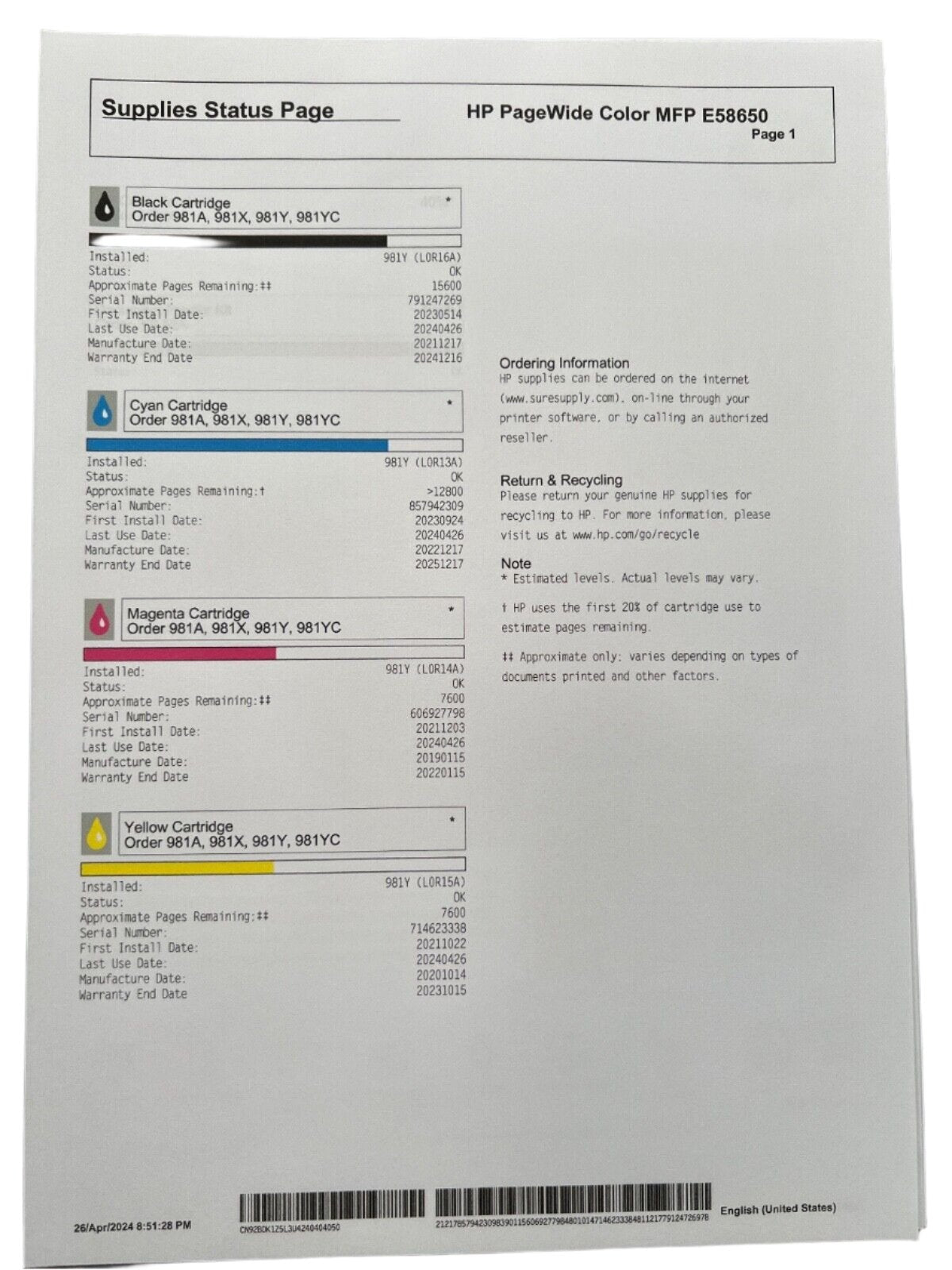 *RFB* HP PageWide Managed E58650dn A4 Colour Multifunction Printer 75PPM [L3U42A]