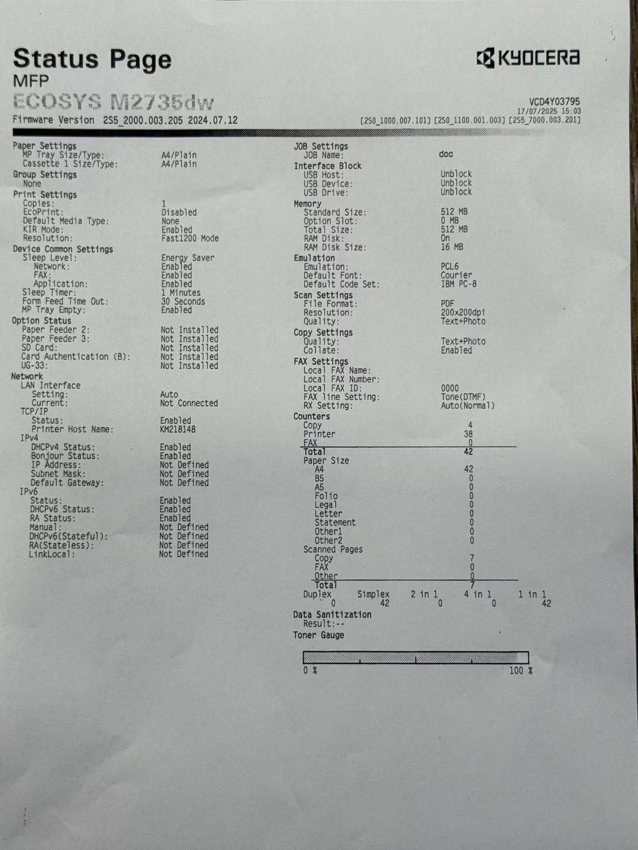 *Ex-Demo* Kyocera M2735DW A4 Mono Laser All-in-One Printer+FAX+WiFi 35PPM 1102SG3AS0