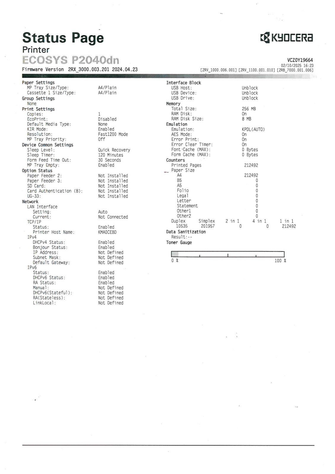 *Used* Kyocera P2040dn A4 Single Function B&W Laser Printer+Duplex 40PPM 1102RX3AS0