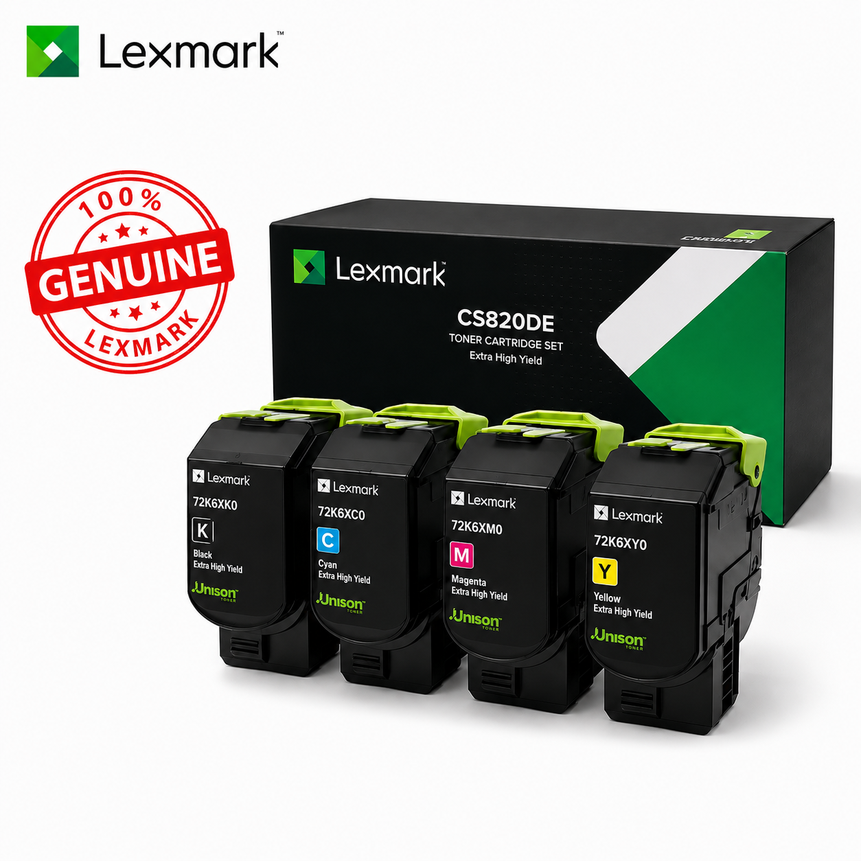 Bundle: 4x Pack Genuine Lexmark CS820DE Toner Cartridge Set Extra High Yield 72K6XC0 72K6XK0 72K6XM0 72K6XY0