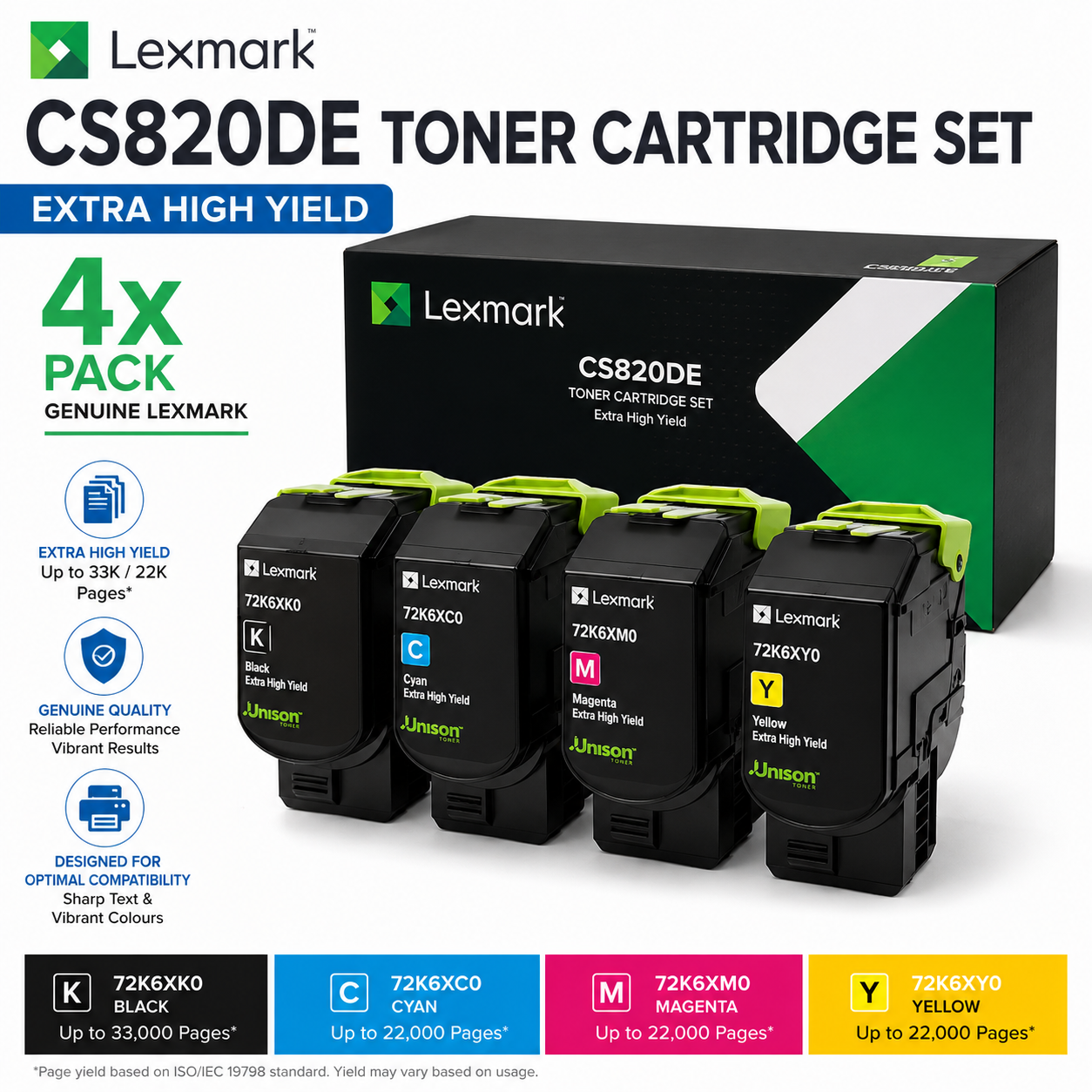 Bundle: 4x Pack Genuine Lexmark CS820DE Toner Cartridge Set Extra High Yield 72K6XC0 72K6XK0 72K6XM0 72K6XY0