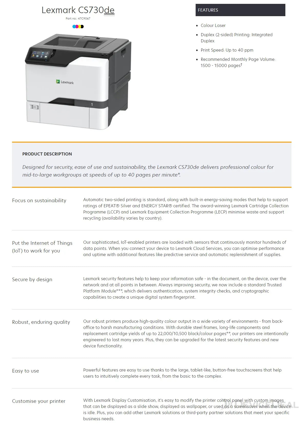 Lexmark CS730de A4 Single Function Color Laser Workgroup Printer 40PPM (47C9067)