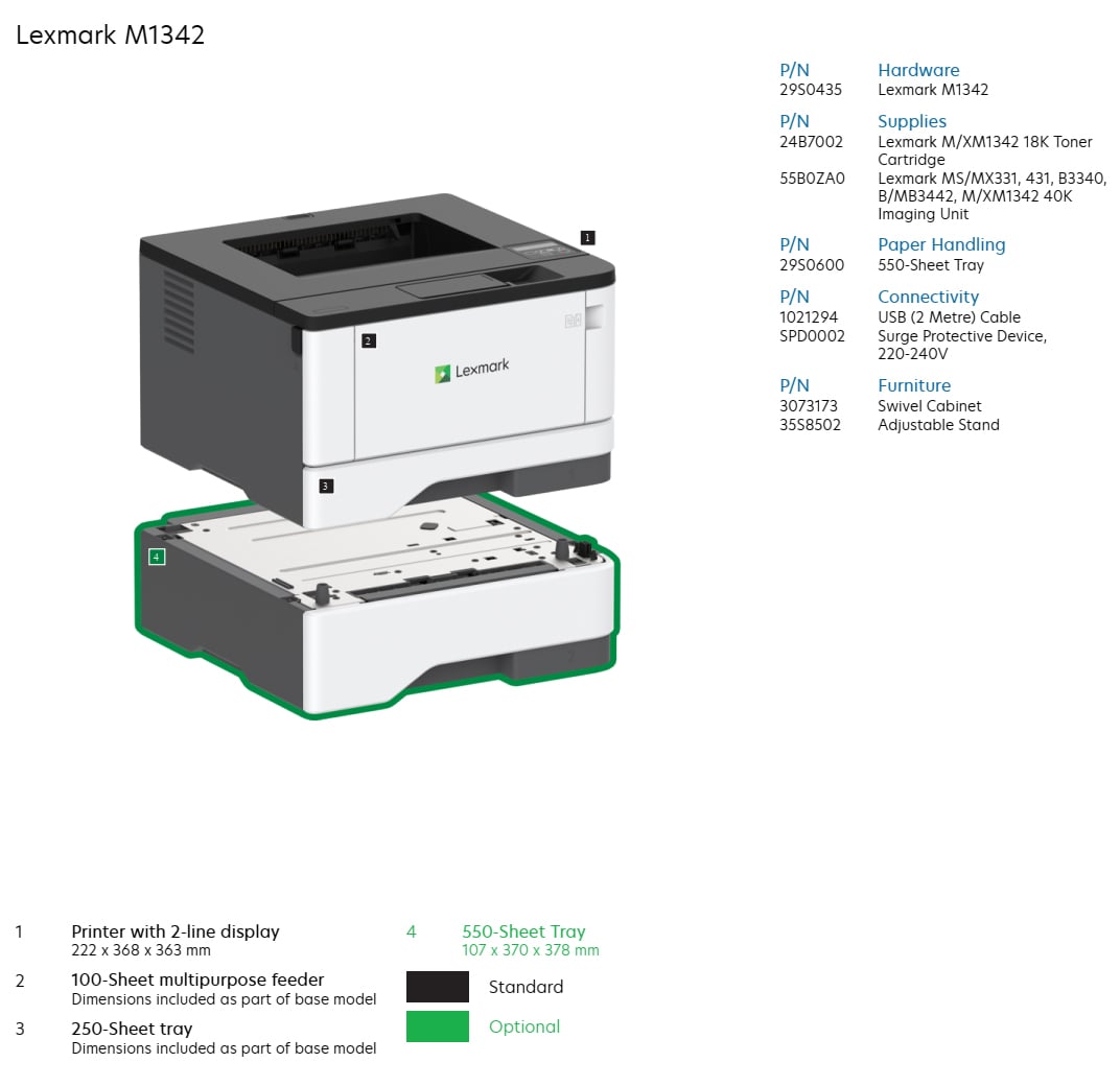 Lexmark M1342 A4 Monochrome Laser Printer 40ppm 29S0435