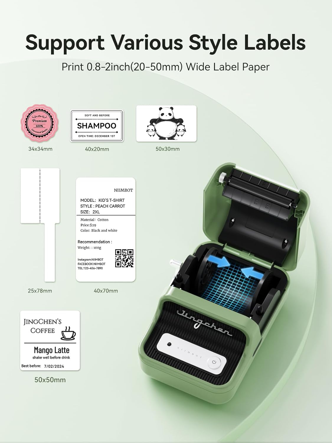 NIIMBOT B21 Inkless Label Maker, Mini Thermal Label Printer Compatible with iOS & Android, with 1 Pack 50x30mm White Label, Green