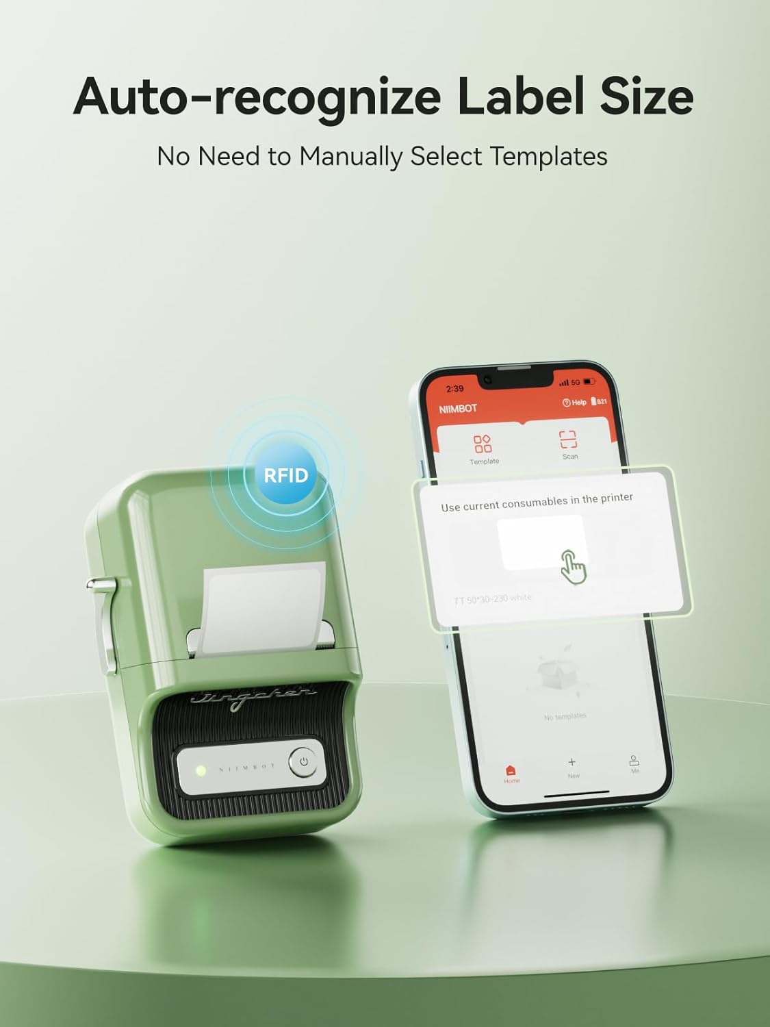 NIIMBOT B21 Inkless Label Maker, Mini Thermal Label Printer Compatible with iOS & Android, with 1 Pack 50x30mm White Label, Green