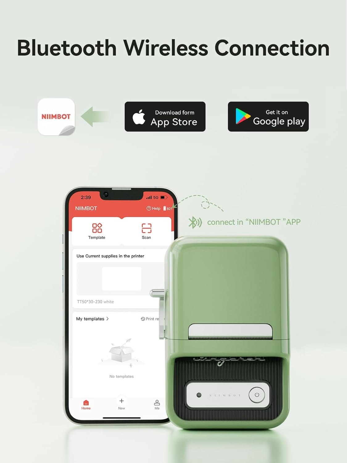 NIIMBOT B21 Inkless Label Maker, Mini Thermal Label Printer Compatible with iOS & Android, with 1 Pack 50x30mm White Label, Green