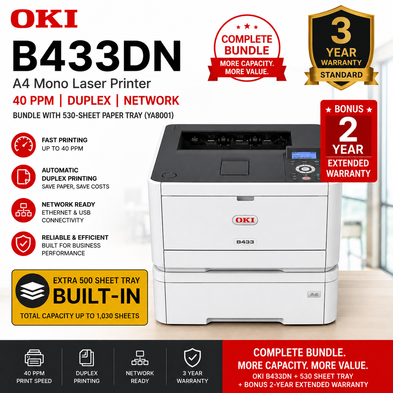 Bundle: OKI B433DN A4 Mono Laser SFP Printer+Duplex 40PPM+3-Year Wty+530 Sheet Paper Tray [YA8001-6500G006]