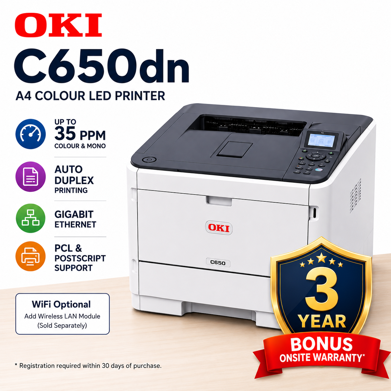 *SALE!* OKI C650dn A4 LED Colour Laser Network Printer 35PPM+BONUS:3-Year Warranty  (P/N:09006144)