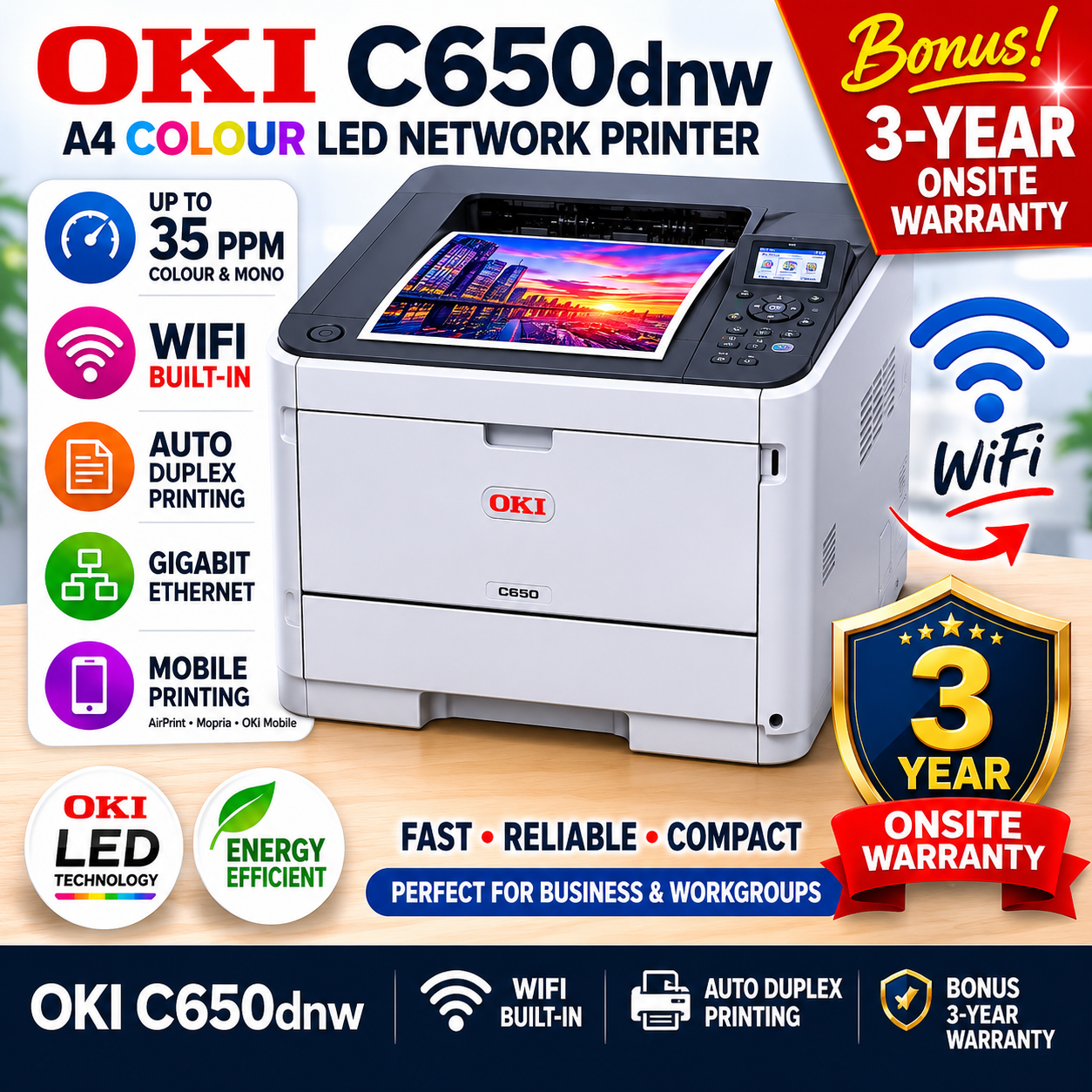 OKI C650dnw A4 LED Colour Laser Network Printer 35PPM+BONUS: WiFi Card 45830222