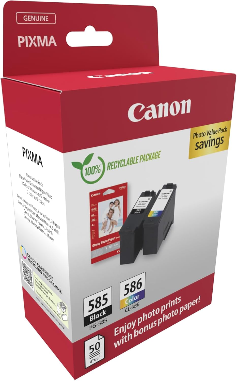 Genuine Canon PG585+ CL586 Ink Cartridge Value Pack+BONUS: GP501 4x6 50 Sheets Photo Paper