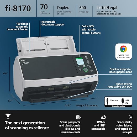 *Ex-Demo* Ricoh FI-8170 A4 Duplex High Speed Business Document Scanner 70PPM+Wty [PA03810-B051]