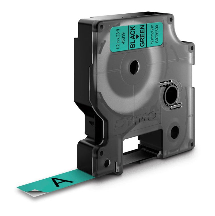 Genuine Dymo D1 Black-on-Green Label Tape 12mm x 7m (S0720590 / 45019)
