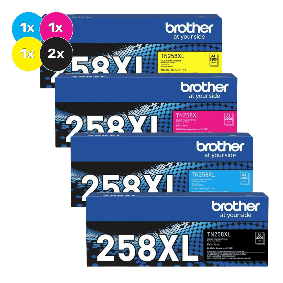 Genuine Brother TN-258XL Toner Cartridge Set+BONUS: TN258XL BLACK Toner