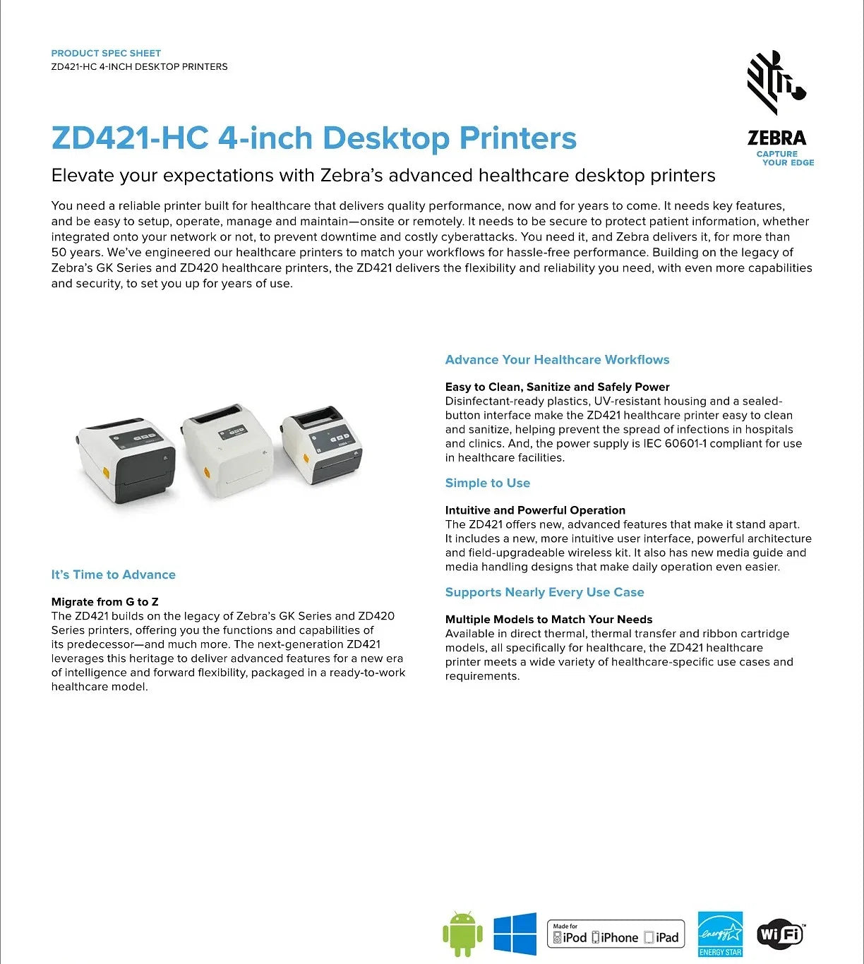 Zebra ZD421D Direct Thermal Printer 203dpi USB BlueTooth[ZD4A042-D0PM00EZ]
