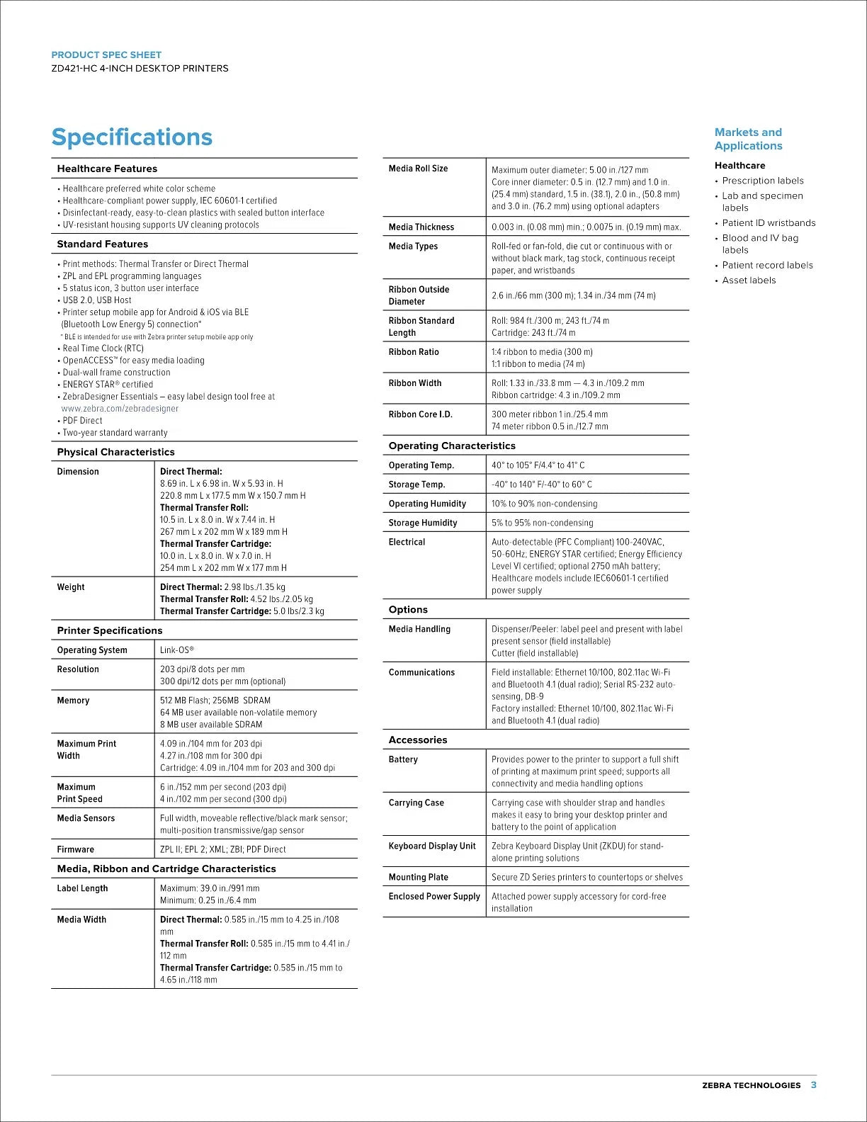 Zebra ZD421D Direct Thermal Printer 203dpi USB BlueTooth[ZD4A042-D0PM00EZ]