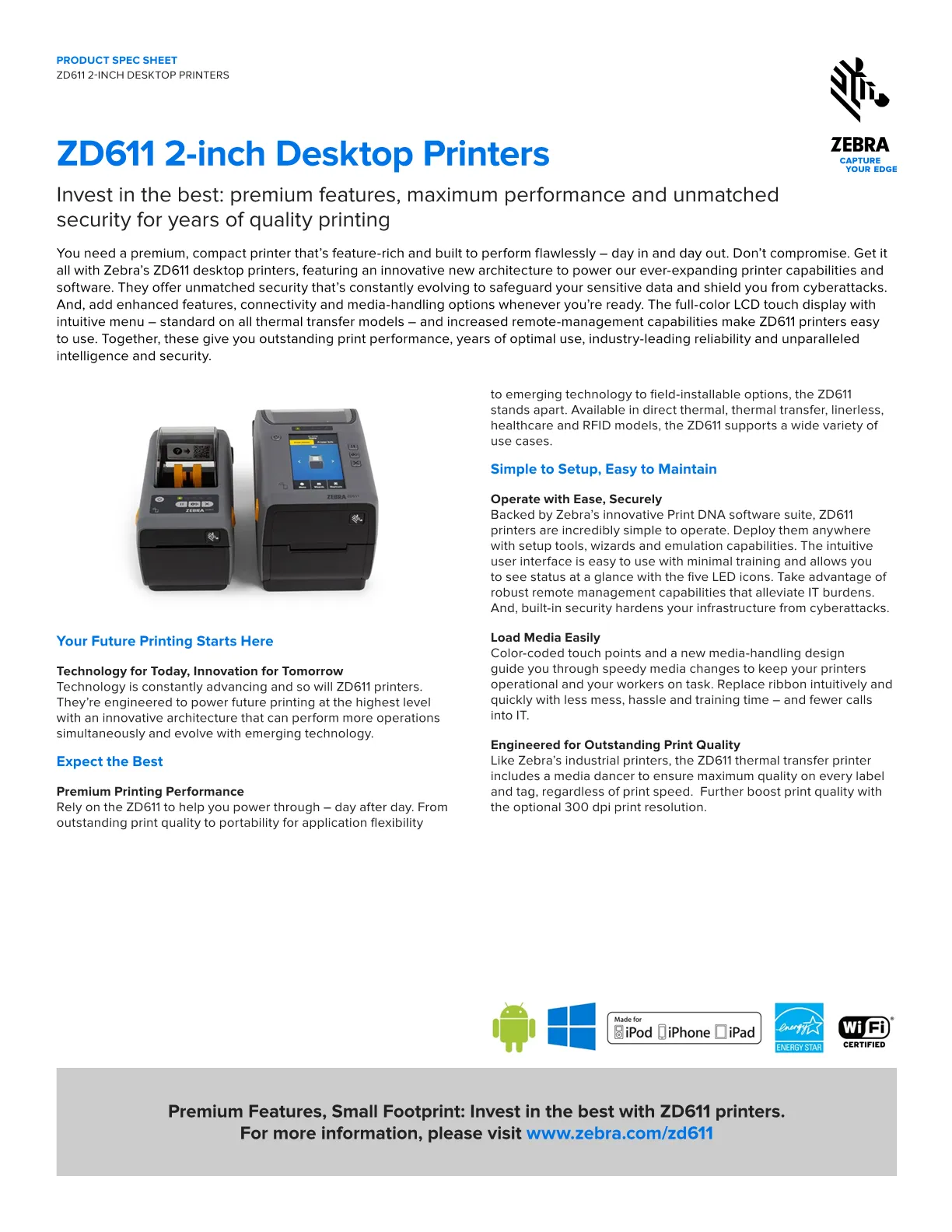 Zebra ZD611R Thermal Transfer Desktop Printer 74M Color Touch LCD 203dpi USB+Ethernet+BlueTooth [ZD6A122-T0PER2EZ]