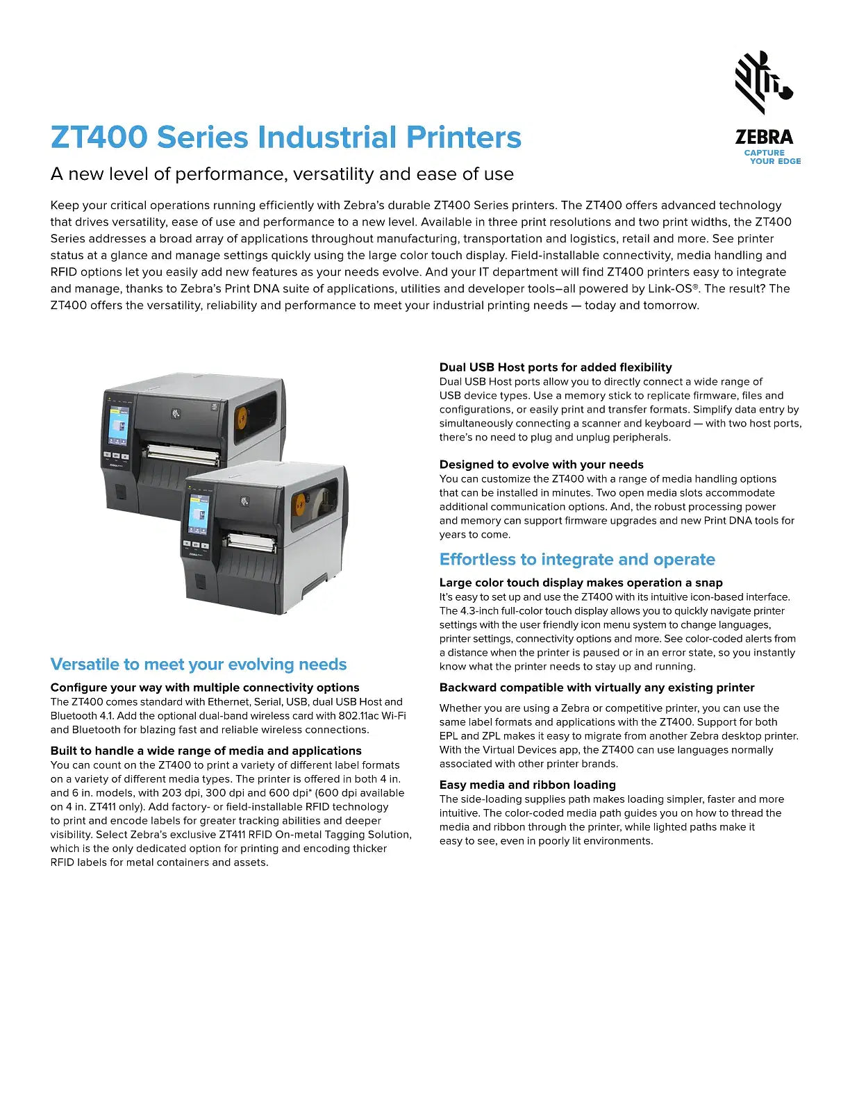 Zebra ZT411T Thermal Transfer Printer 300dpi 74M Color Touch LCD USB/Ethernet/BT Dispenser Peeler [ZT41143-T5P00C0Z]