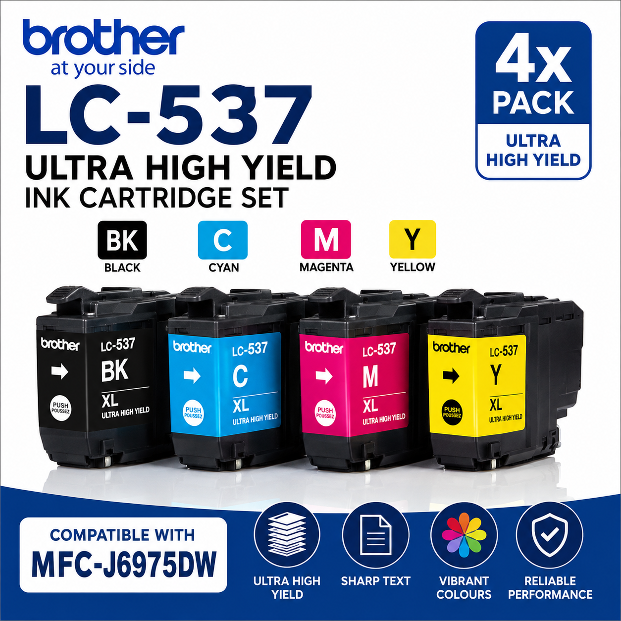 Bundle: 4x Pack Brother LC-537 C/M/Y/K Ink Cartridge Ultra High Yield Set (1BK,1C,1M,1Y)