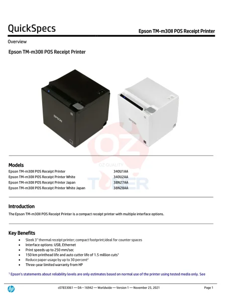 Epson Tm-M30Ii Ethernet/usb Thermal Receipt Printer White [C31Cj27221] Receipt Printer
