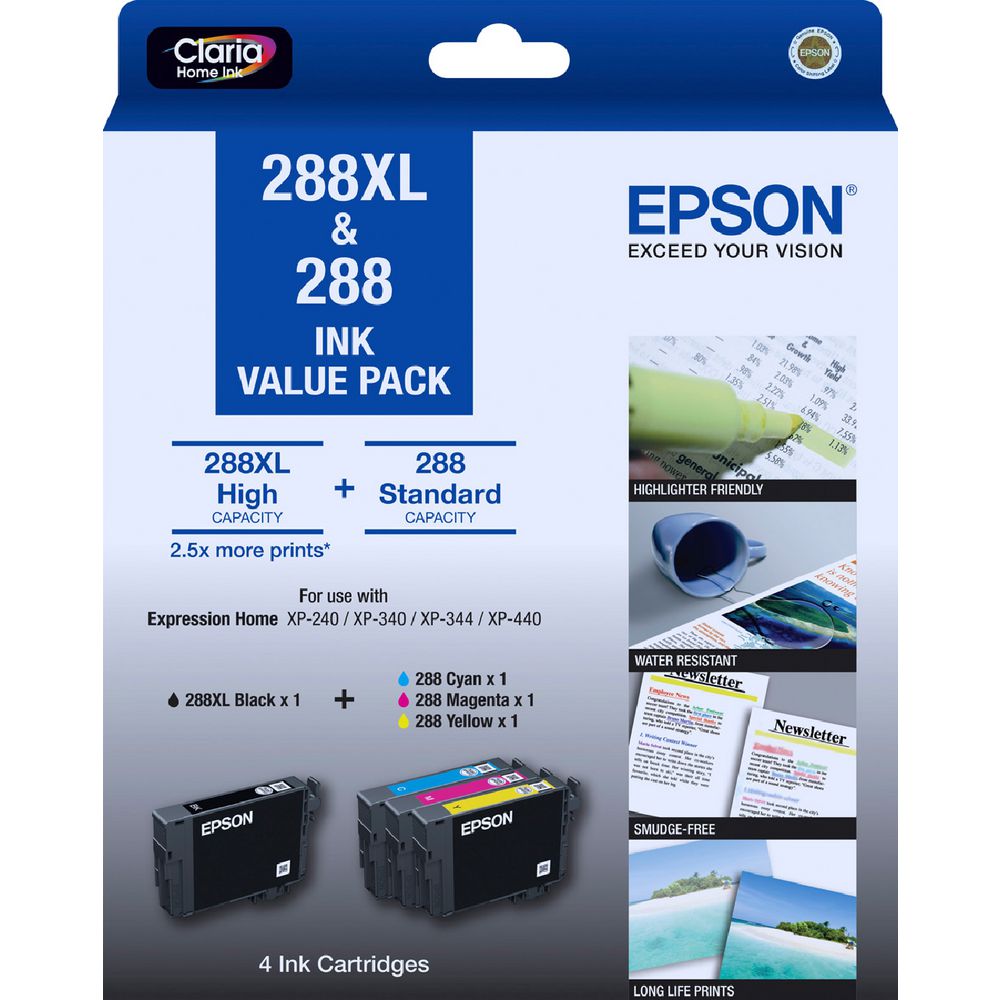 Bundle: Genuine Epson 288XL Black and 288-C/M/Y 4 Ink Cartridges Value Pack [C13T306592]