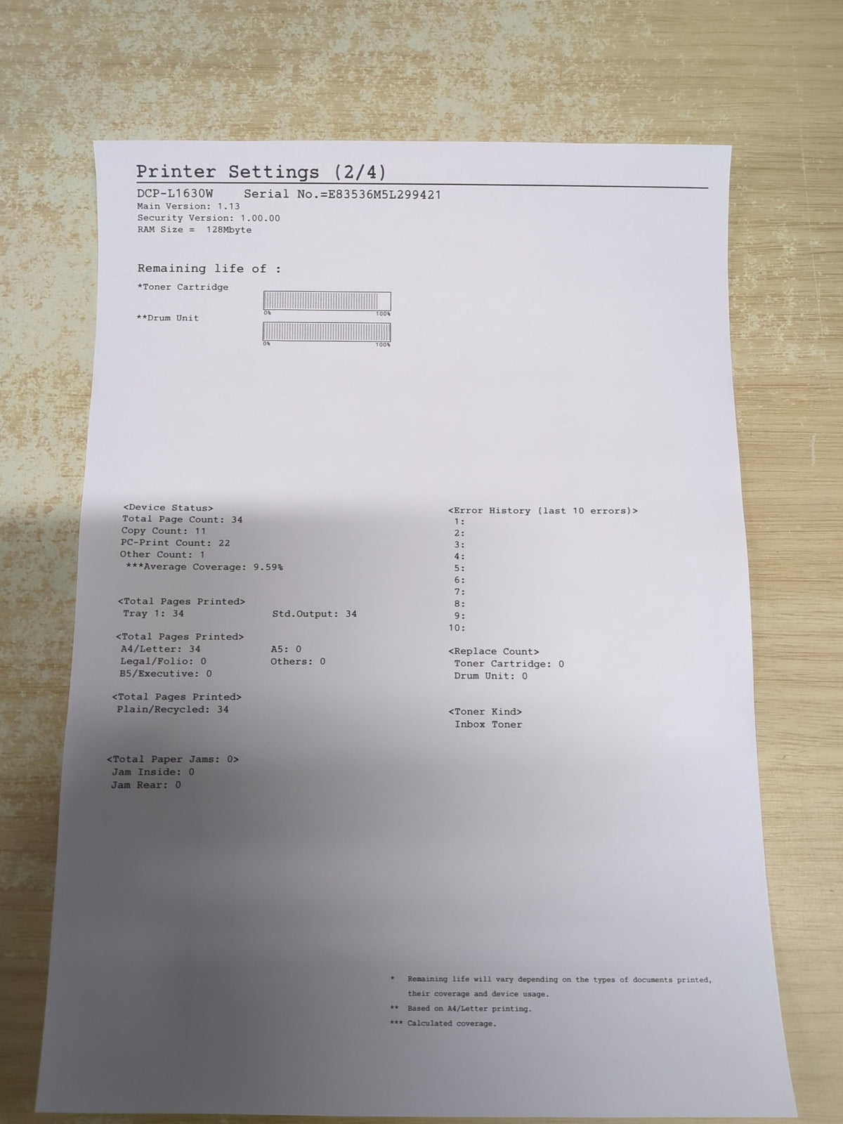 Brother DCP-L1630W printer settings report showing total page count 34