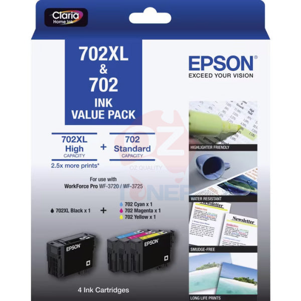 Genuine 4X Pack Epson #702Xl Black And 702 C/M/Y Colour Ink Cartridge Value [C13T345996] -
