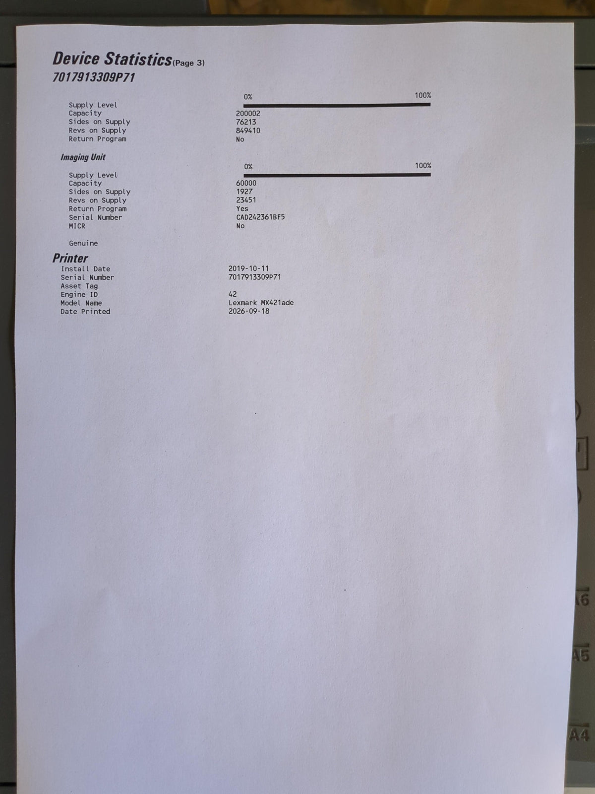Used Lexmark MX421ade 76,217 page unit - device statistics page 3