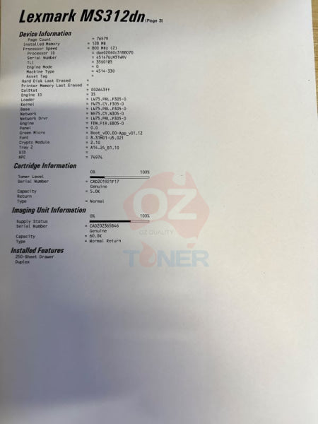*Rfb* Lexmark Ms312Dn A4 Mono Laser Duplex Printer 33Ppm + Parallel Port + Bonus: Paper Tray Single