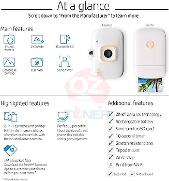 *Sale!* Hp Sprocket 2-In-1 Instant Camera + Zink Portable Bluetooth Photo Printer White [2Fb96A]