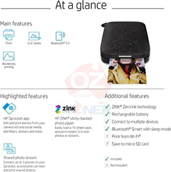 *Sale!* Hp Sprocket 200 Mobile Photo Printer - Black Noirl 1As89A [Hpispb]