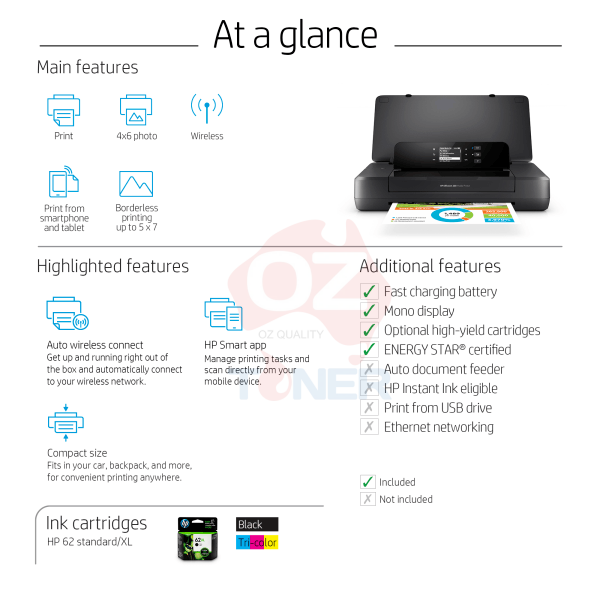 *Special!* Hp Officejet 200 Wireless A4 Portable Mobile Printer+Eprint Wi-Fi 62 Ink [Cz993A] Inkjet