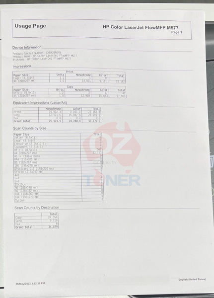 *Used* Hp Color Laserjet Enterprise Mfp M577 A4 Laser Multifunction Printer + Adf 38Ppm Printer